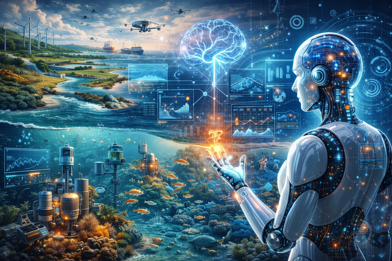 Kecerdasan artifisial memadukan data ekologis, sensor perairan, dan simulasi masa depan untuk membantu manusia merancang pengelolaan sungai, pesisir, dan laut sebagai sistem hidup yang berkelanjutan.